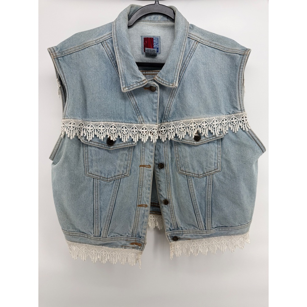 Vintage Sun Belt Denim Lace Fringe Vest XL Light Wash Boho Western 90s Cotton